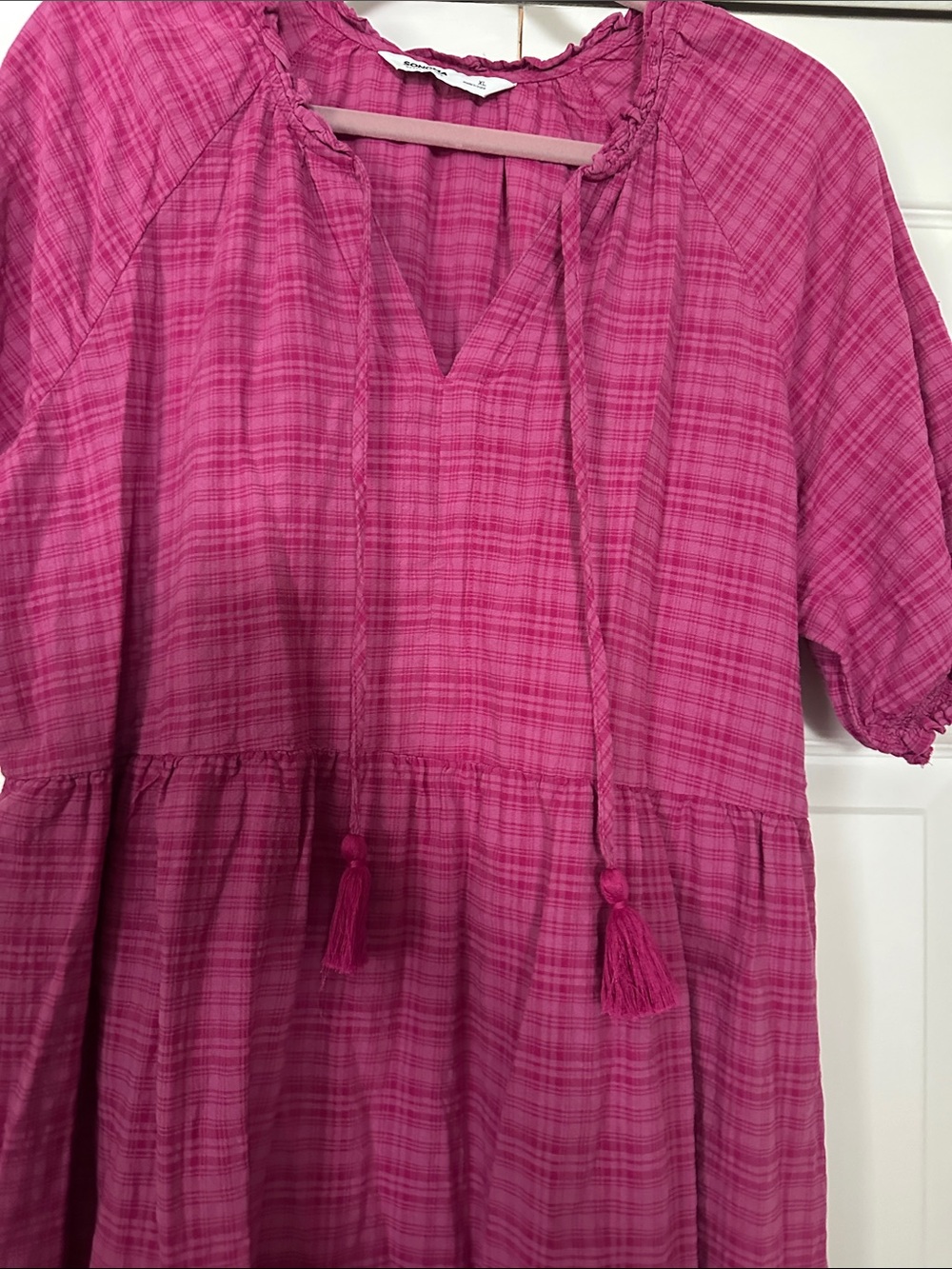Sonoma Fuchsia Plaid Tiered Short Sleeve Dress - Picture 4 of 9